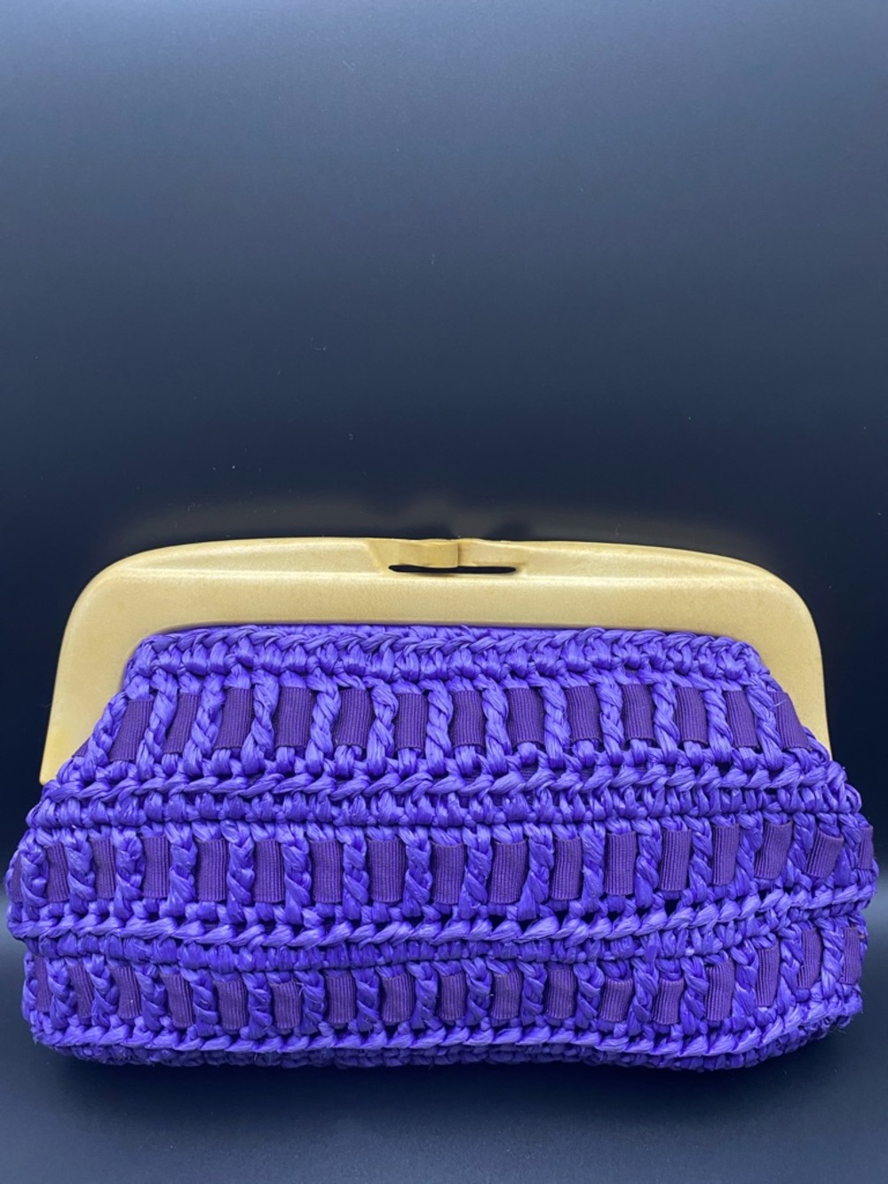 Vintage Vibrant Purple Avantique Raffia and Ribbon Clutch With a Wood Closure